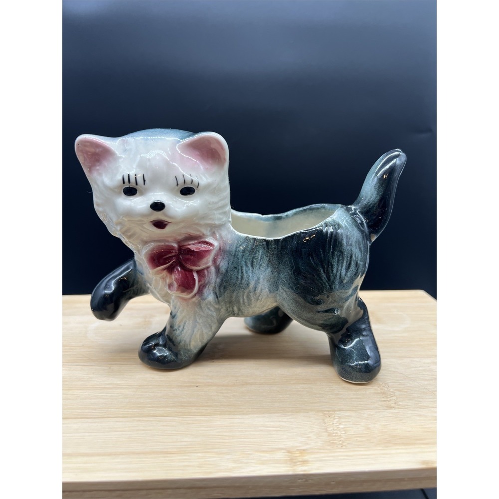 Cat Kitty Shawnee Pottery Walking Cat Planter 1950's Vintage Bow glossy